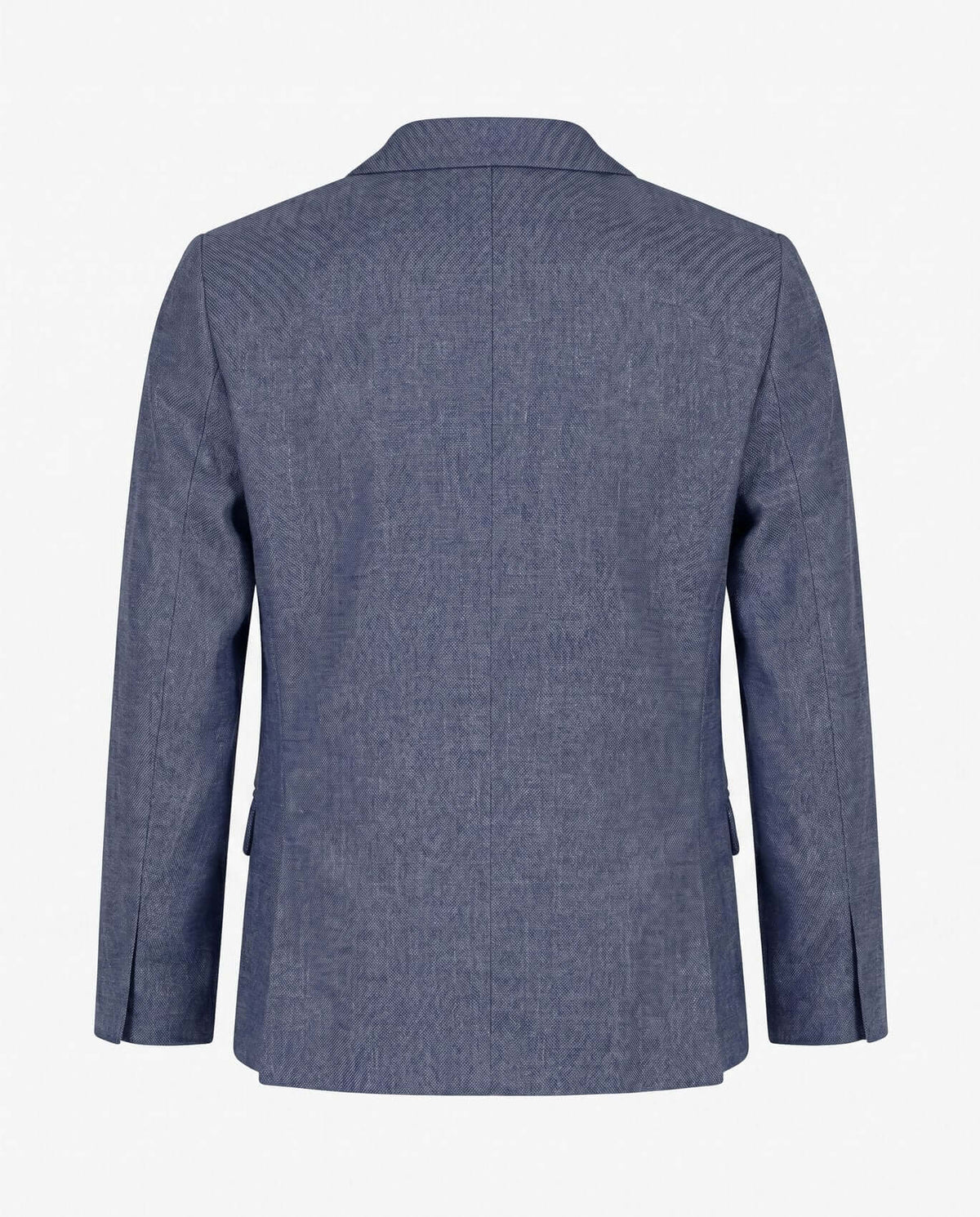 Back view of the Indigo Chambray Stretchy Mod Suit designed for active boys, featuring a modern cut and relaxed fabric.