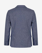 Back view of the Indigo Chambray Stretchy Mod Suit designed for active boys, featuring a modern cut and relaxed fabric.
