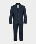 Navy Glen Plaid Stretchy Mod Suit for boys featuring slim cut and comfortable stretch fabric for active movement.