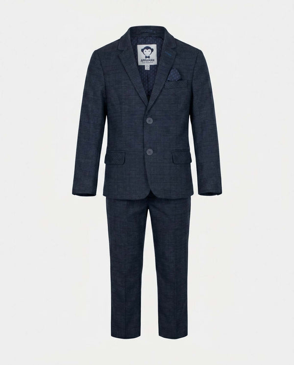 Navy Glen Plaid Stretchy Mod Suit for boys featuring slim cut and comfortable stretch fabric for active movement.