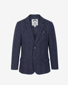 Navy Glen Plaid Stretchy Mod Suit jacket for boys, featuring clean notched lapels and comfortable fabric.