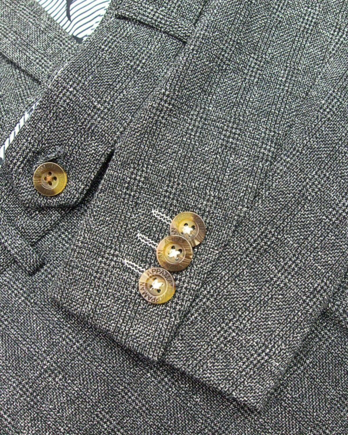 Close-up of buttons and fabric detail on the Noir Micro Plaid Stretchy Mod Suit jacket.