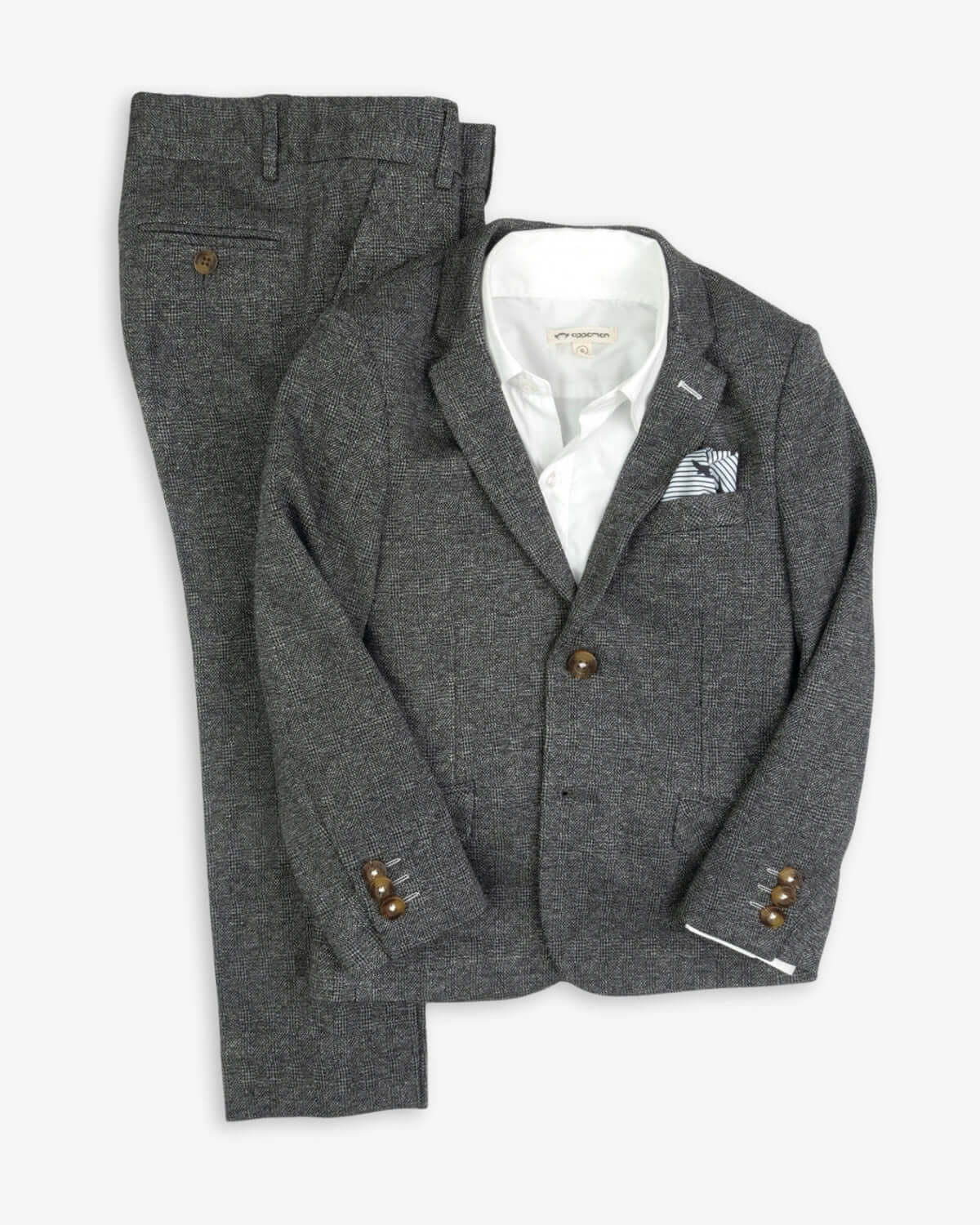 Noir Micro Plaid Stretchy Mod Suit displayed with blazer and trousers for kids, combining style and comfort.
