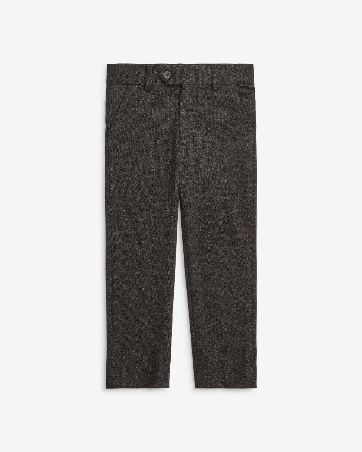 Black Herringbone Stretchy Suit Pants for stylish kids, featuring adjustable waist and pockets for comfort.