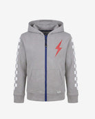 Cement Strivers Hoodie in cement grey with red lightning bolt and checkered sleeves for active boys.