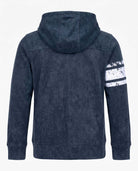 Back view of the Dark Navy Strivers Hoodie with a hood and striped design on the sleeve.