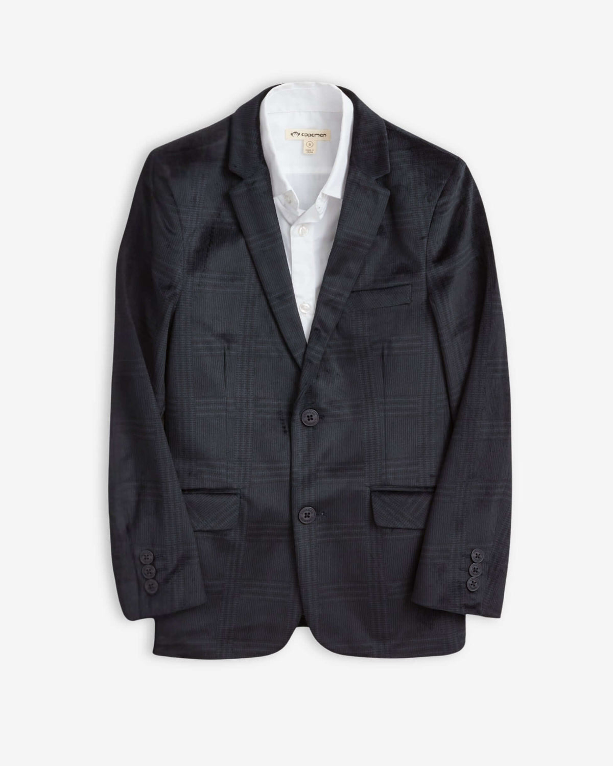 Midnight Velvet Plaid Blazer for kids, featuring luxurious velvet, classic buttons, and sharp tailoring.