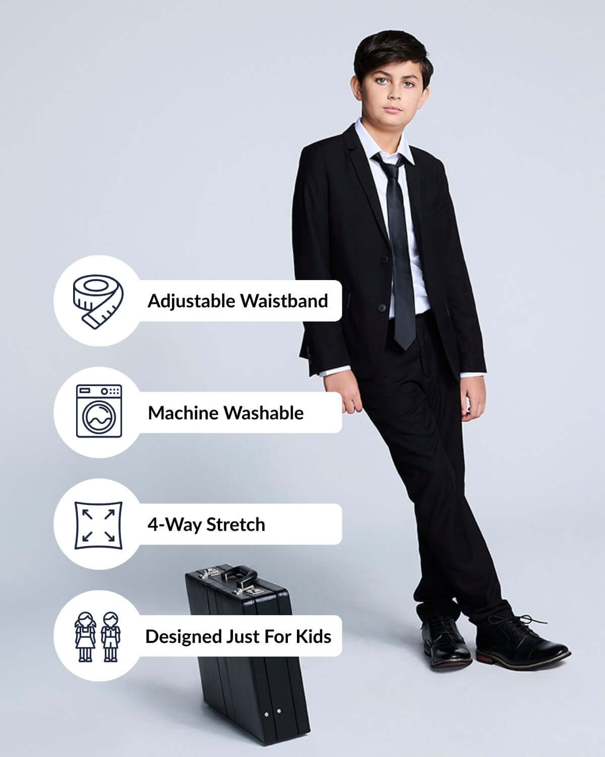 Black Suit Pants on a young model showcasing adjustable waistband, machine washable, 4-way stretch, designed just for kids.