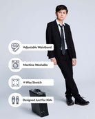 Black Suit Pants on a young model showcasing adjustable waistband, machine washable, 4-way stretch, designed just for kids.