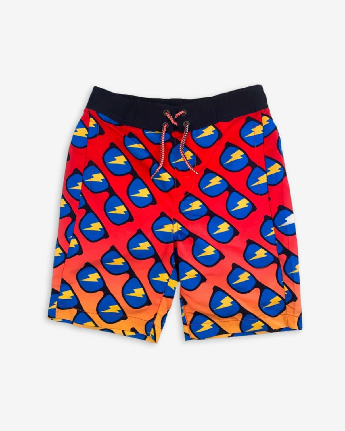 Sunglasses Swim Trunks in vibrant colors with sunglass pattern, elastic waistband, and side pockets.