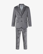 A boy's two-piece suit featuring a solid gray velvet blazer and matching gray patterned trousers, displayed on a clean white background.
