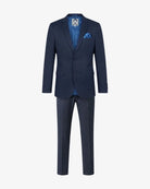 A men's two-piece suit in a textured navy blue fabric, featuring a single-breasted blazer with a notched lapel, matching navy trousers, a bright blue patterned shirt underneath, and a matching blue pocket square, displayed on a light gray background.