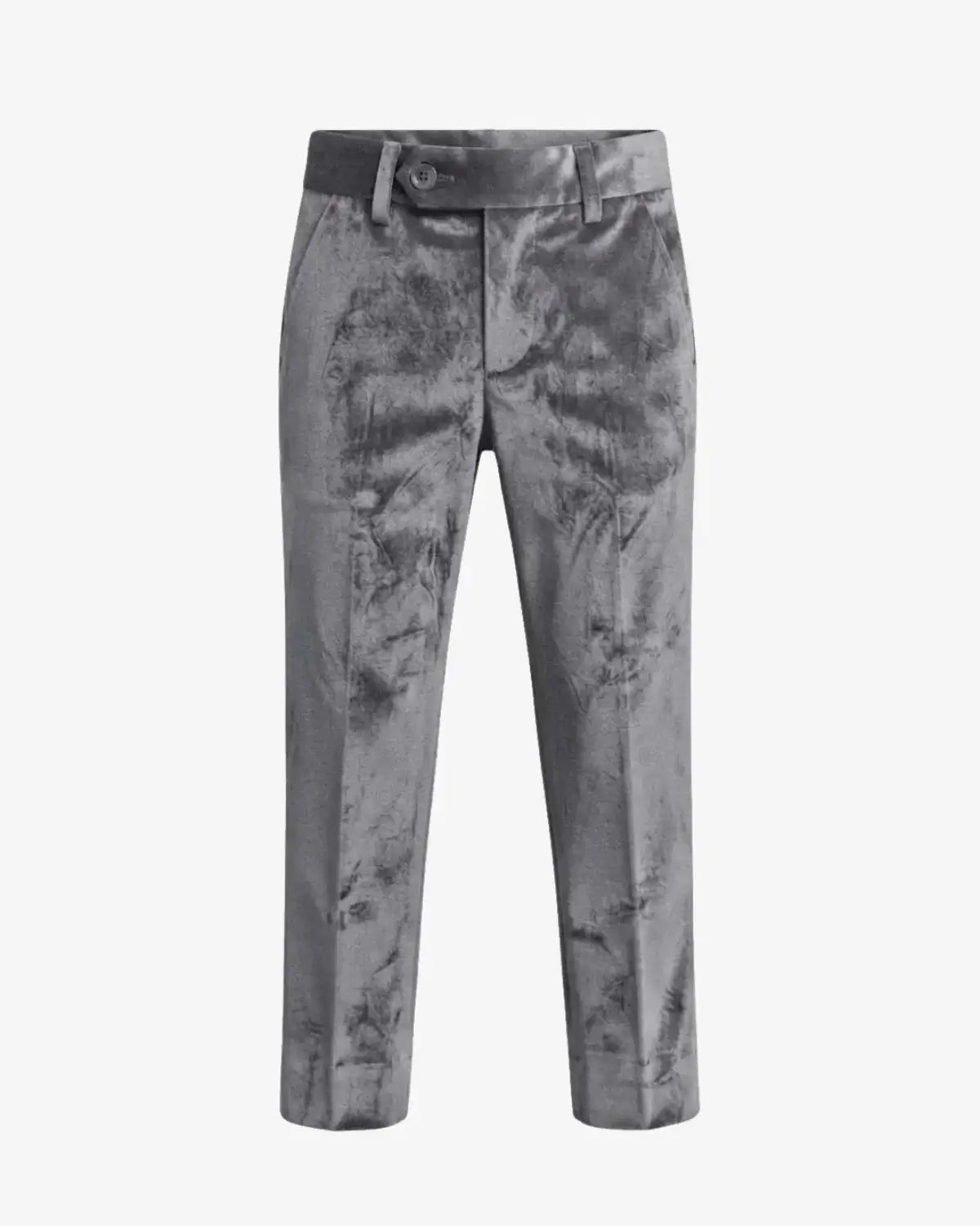 Gray patterned trousers with a textured, marbled finish, shown on a plain white background.
