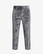 Gray patterned trousers with a textured, marbled finish, shown on a plain white background.
