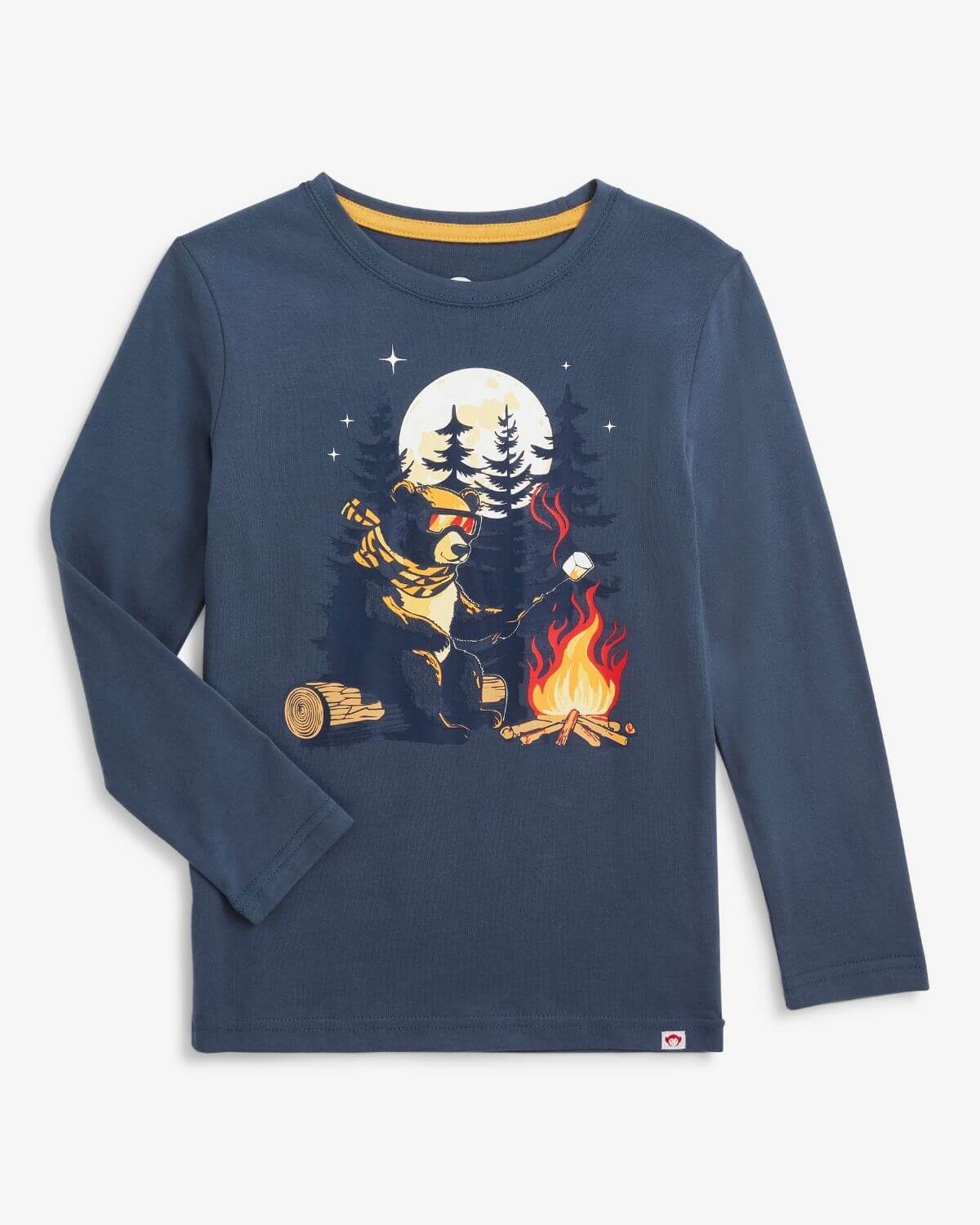 Teddy Smores Graphic Long Sleeve Tee featuring a bear roasting marshmallows by a campfire in denim blue.