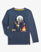Teddy Smores Graphic Long Sleeve Tee featuring a bear roasting marshmallows by a campfire in denim blue.
