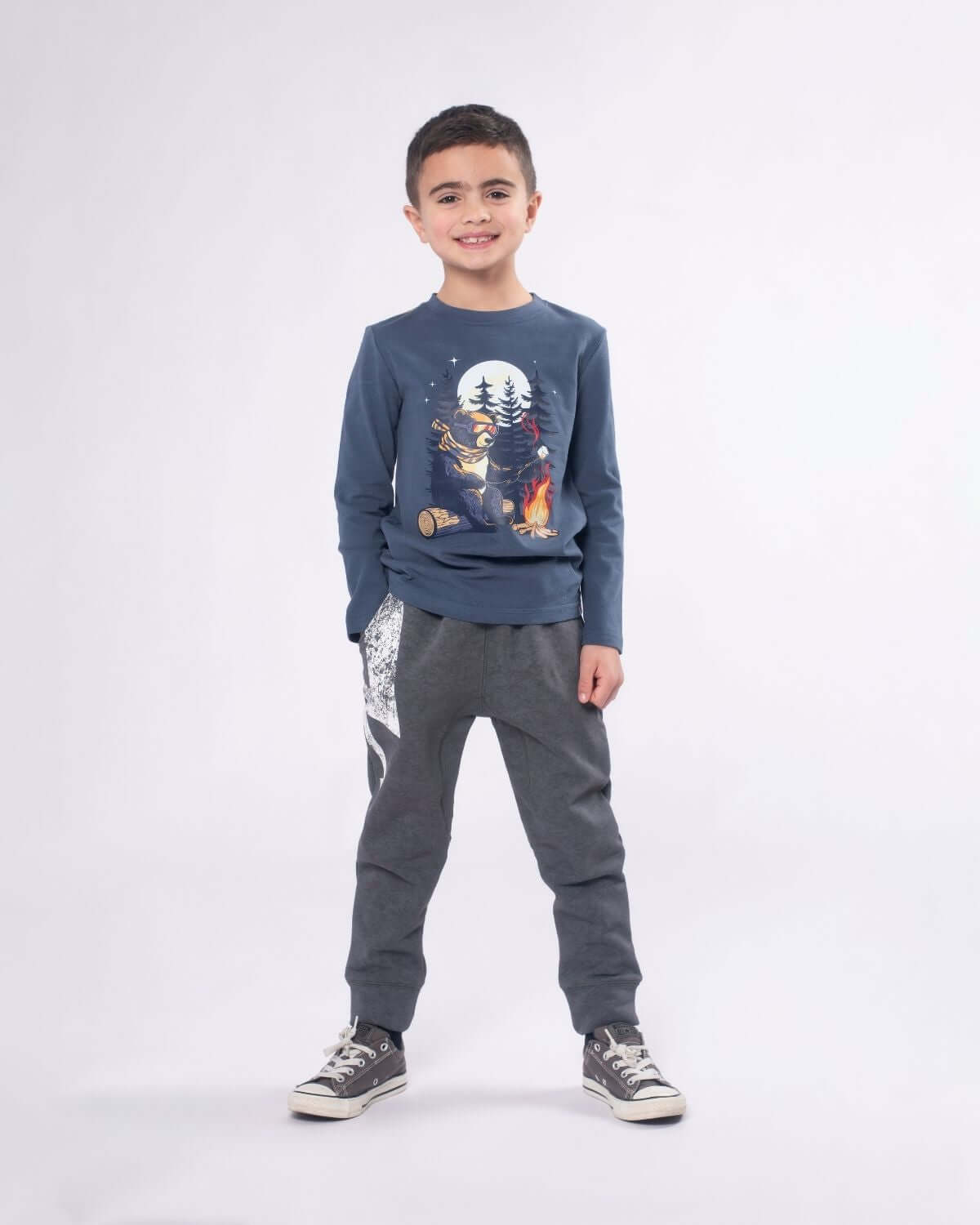 Boy wearing Teddy Smores Graphic Long Sleeve Tee in Denim Blue with playful bear design.