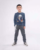 Boy wearing Teddy Smores Graphic Long Sleeve Tee in Denim Blue with playful bear design.