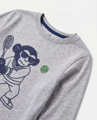 Tennis Pro Graphic Long Sleeve Tee featuring a playful monkey graphic and tennis ball on a heather mist background.