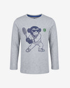 Tennis Pro Graphic Long Sleeve Tee featuring a playful monkey graphic on heather mist fabric, perfect for active kids.