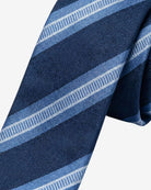 Close-up of the Blue Stripe Tie featuring classic blue stripes and a polished woven texture.