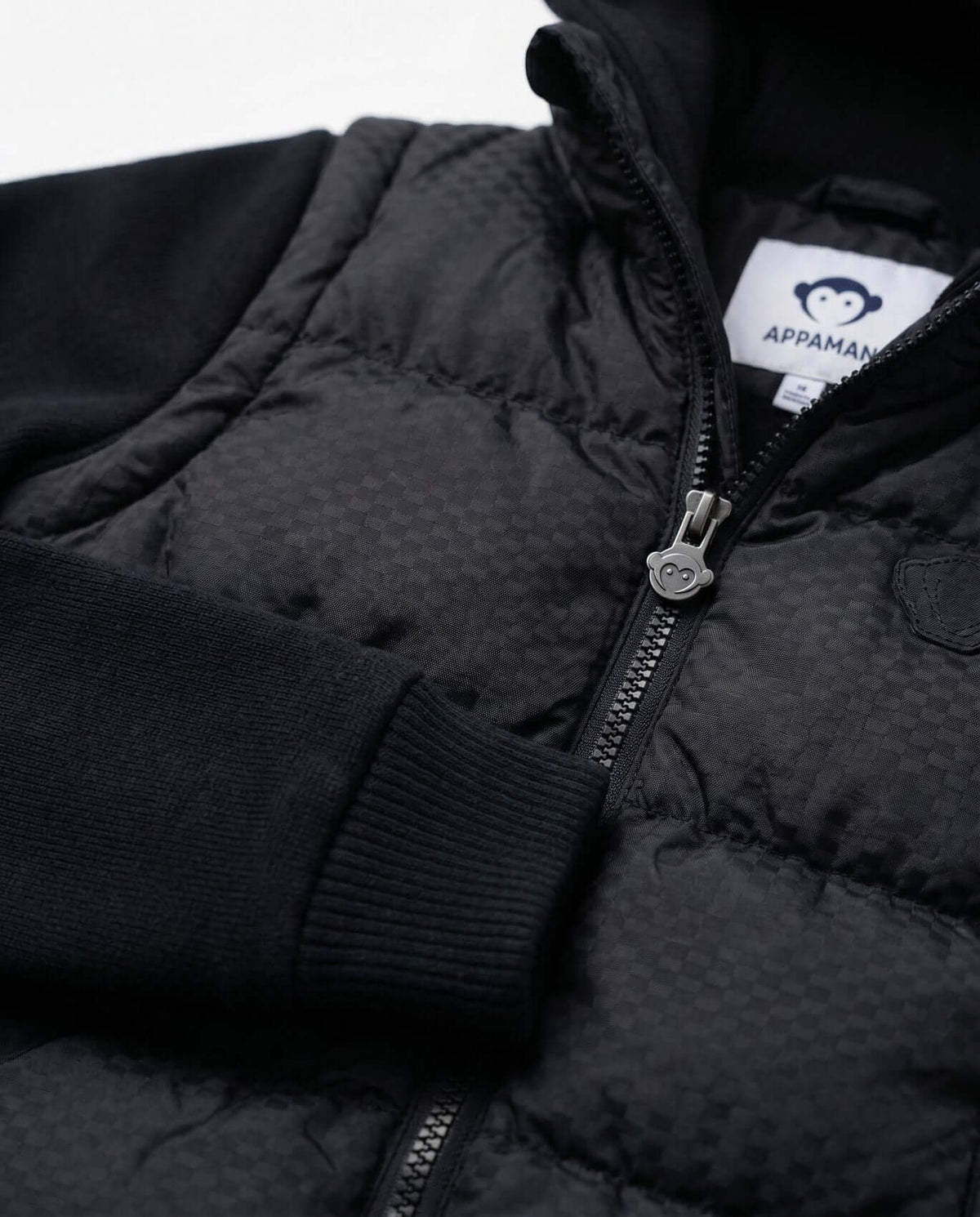 Black Checkerboard Turnstile Jacket featuring zip-front closure and soft matte fabric for ultimate comfort.