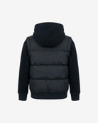 Back view of the Black Checkerboard Turnstile Jacket designed for boys, featuring a puffy design and hood.