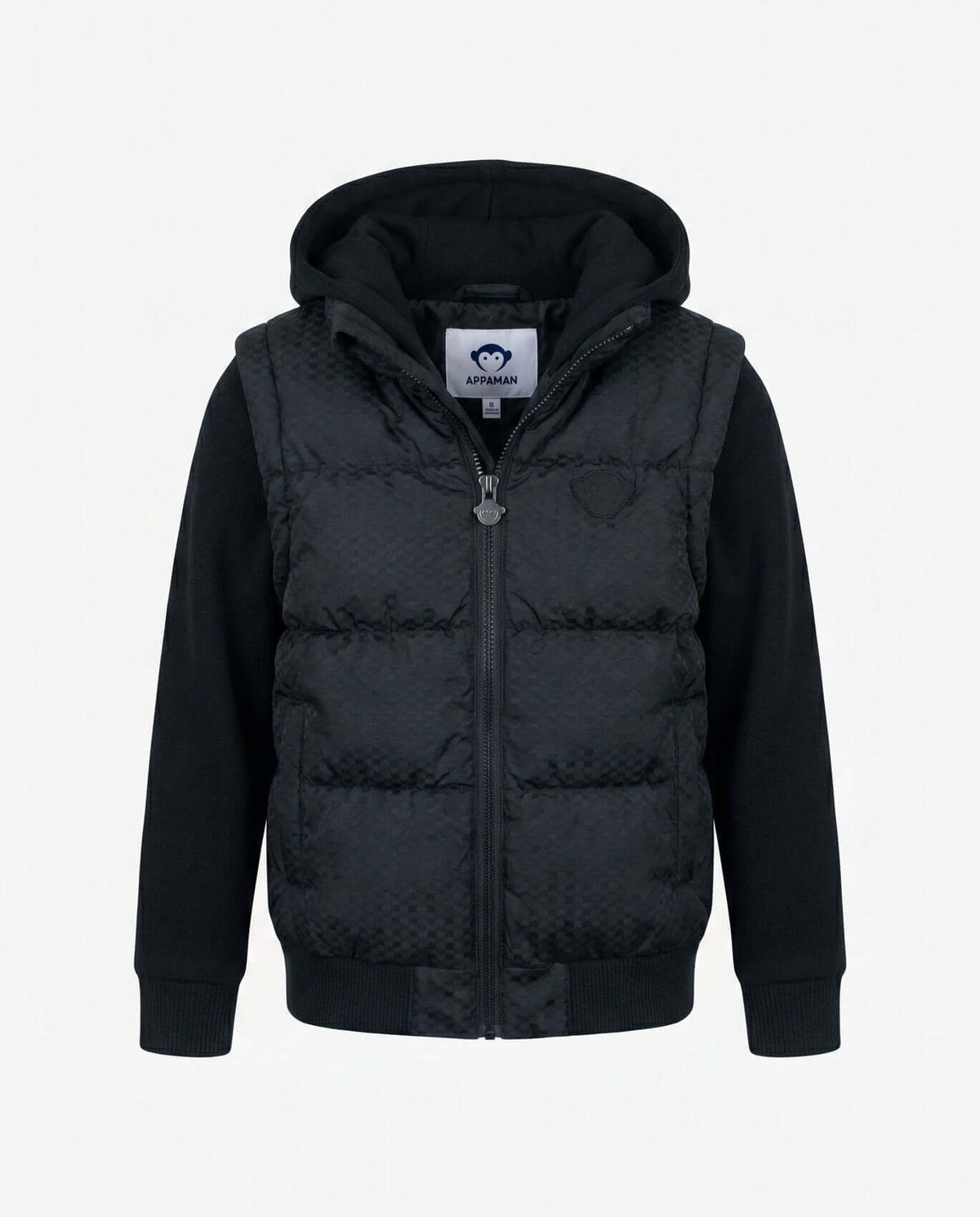 Black Checkerboard Turnstile Jacket featuring midweight warmth, smooth fabric, and zip-front closure, designed for boys.