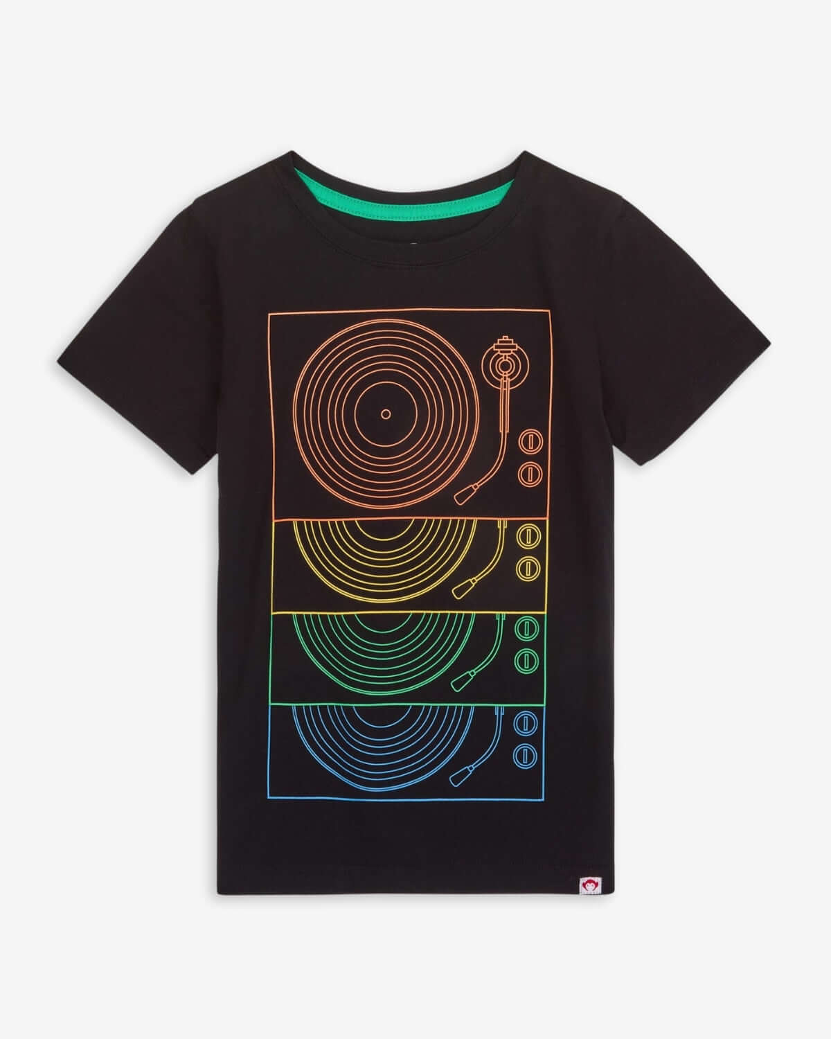 Turntables Graphic Tee featuring colorful DJ equipment design on a black short sleeve shirt.