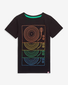 Turntables Graphic Tee featuring colorful DJ equipment design on a black short sleeve shirt.