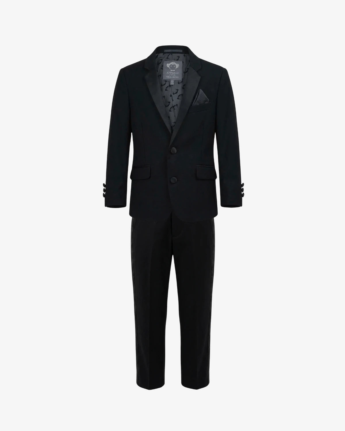 A black two-piece suit with a patterned gray and black lining inside the jacket, featuring a matching pocket square and trousers, shown against a plain light gray background.