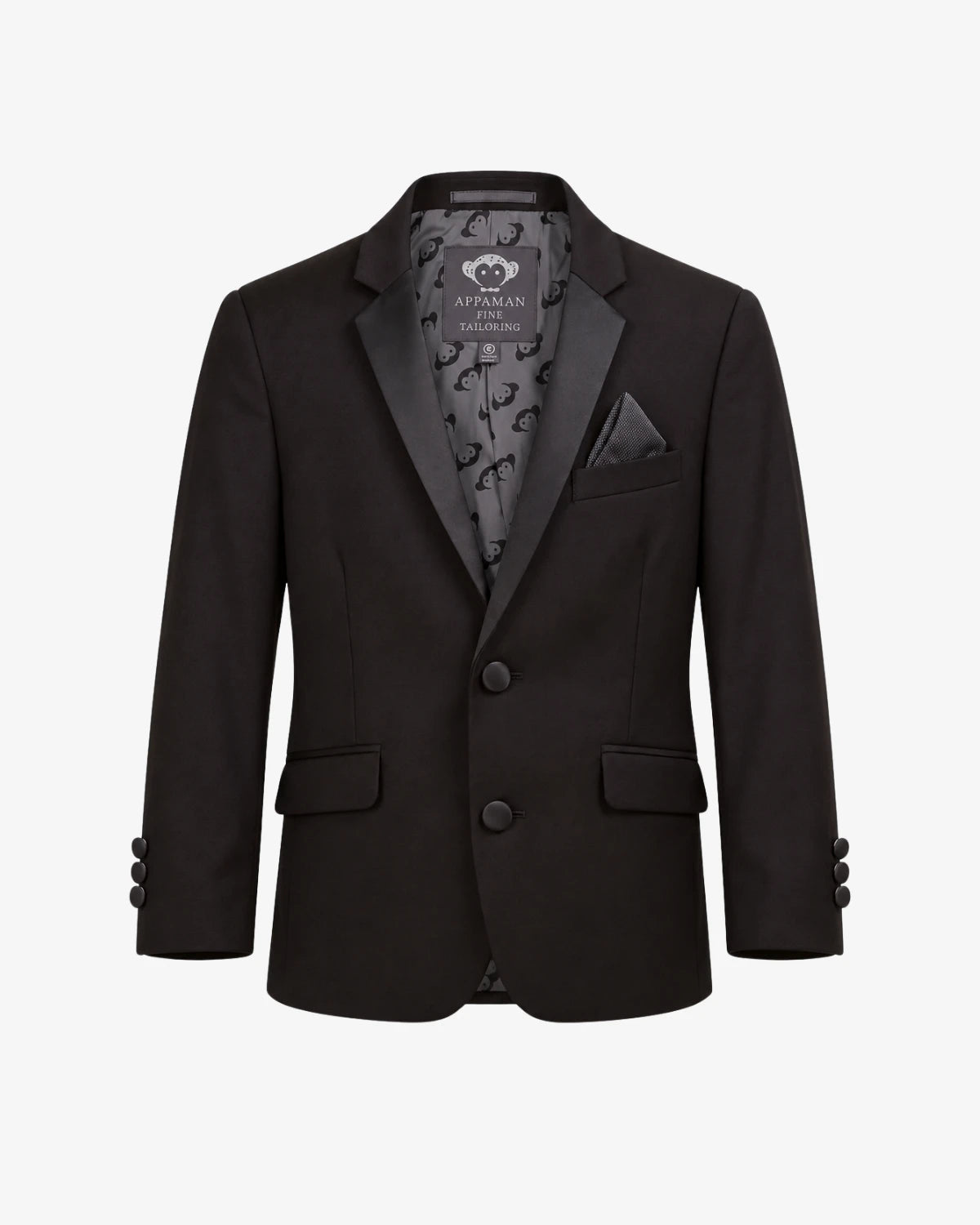 Appaman boys' black satin lapel tuxedo blazer, front view.