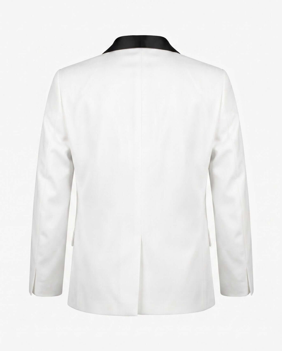 Back view of White Tuxedo Suit Jacket with satin lapels, designed for kids for formal occasions.