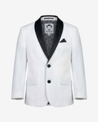 White Tuxedo Suit Jacket with satin lapels and button-front closure, designed for boys' formal occasions.