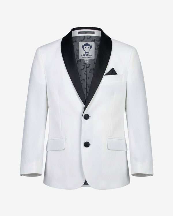 White Tuxedo Suit Jacket with satin lapels and button-front closure, designed for boys' formal occasions.