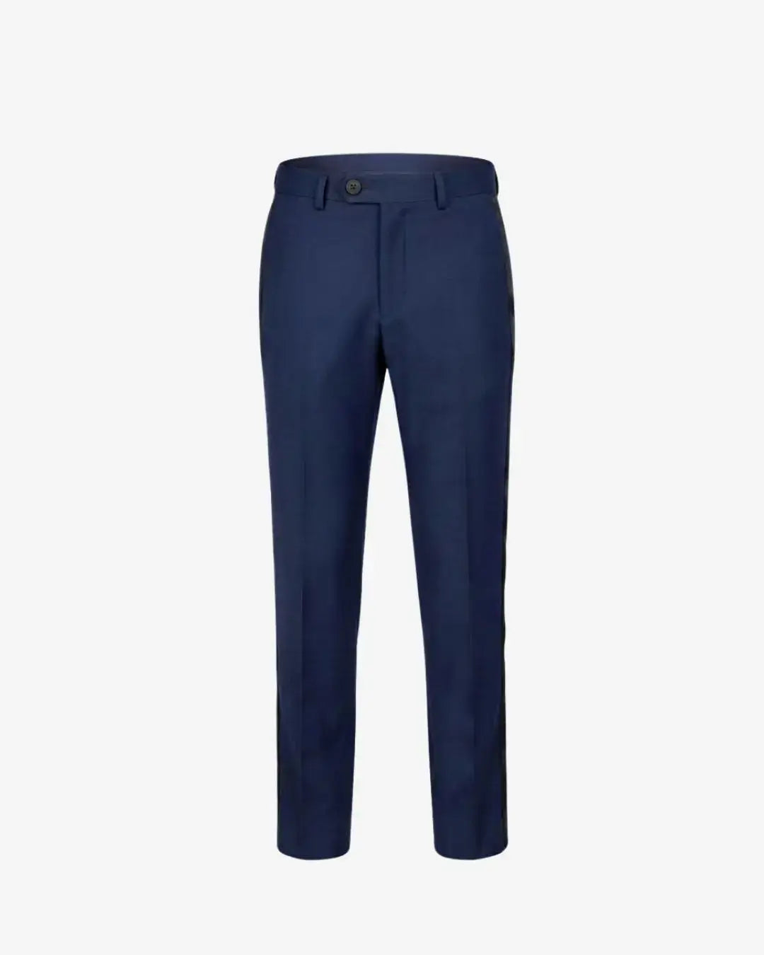 A pair of navy blue trousers shown flat against a light gray background.