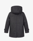 Back view of the Black Urban Gotham Coat featuring a hood and sleek design for stylish kids.