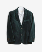 Evergreen Velvet Blazer in plush velvet with a sharp pocket square and sleek buttons.