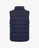 Back view of the Dark Navy Packable Vest designed for warmth and comfort, featuring a stand collar and zip closure.
