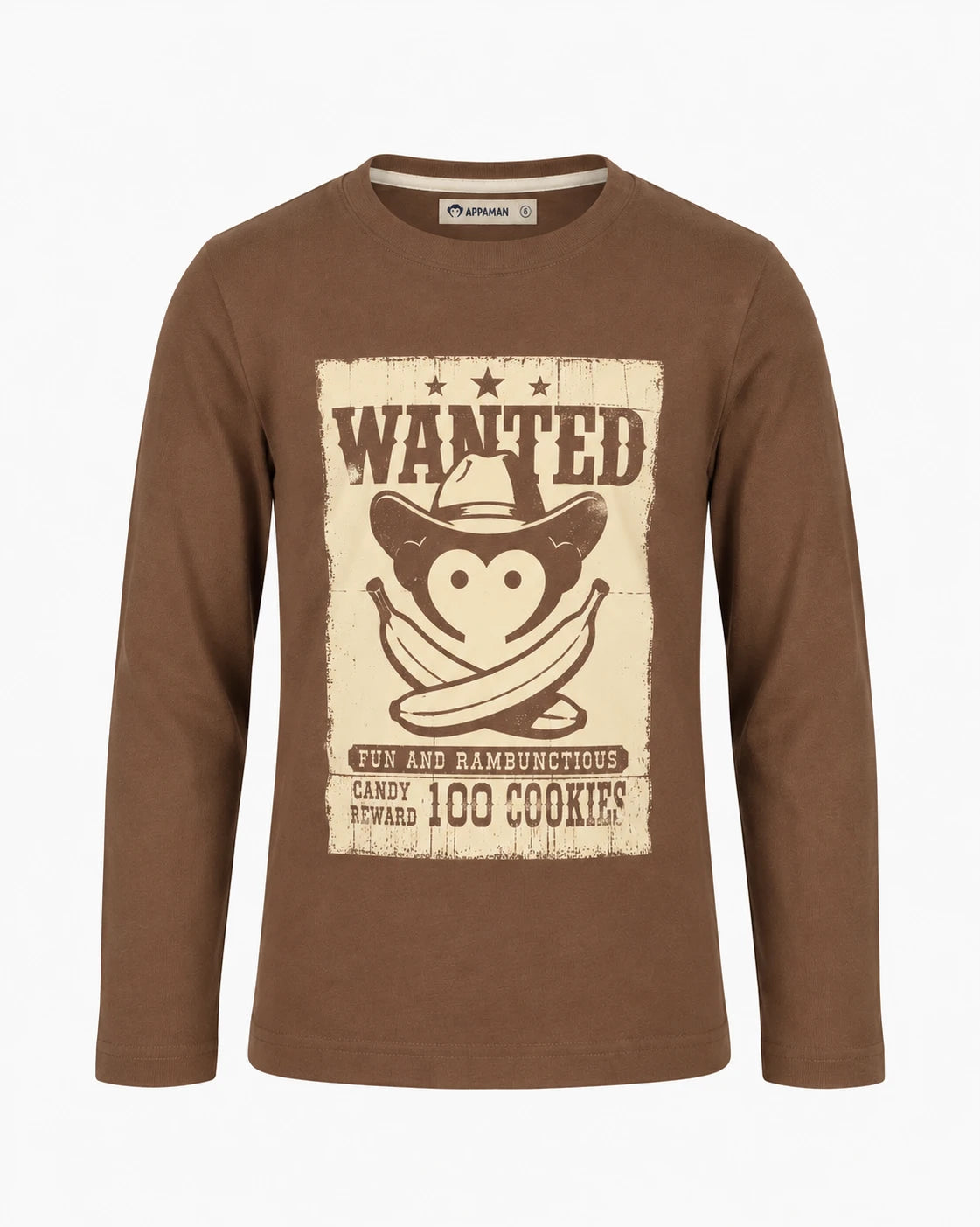 Appaman boys' wanted monkey graphic tee brown, front view.