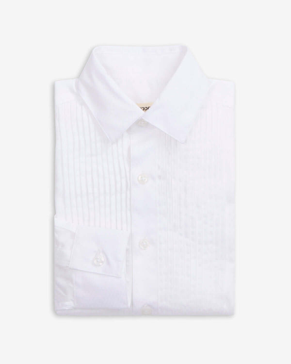 White Tuxedo Shirt folded and neatly displayed, ideal for formal occasions and black tie events.