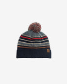 Navy Blue Wind Hat featuring playful pom pom and striped detailing for kids outdoor adventures.