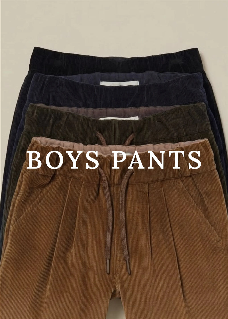 Four pairs of corduroy boys' pants in dark navy, charcoal, olive, and brown, stacked vertically with 'BOYS PANTS' text overlaid across the center.