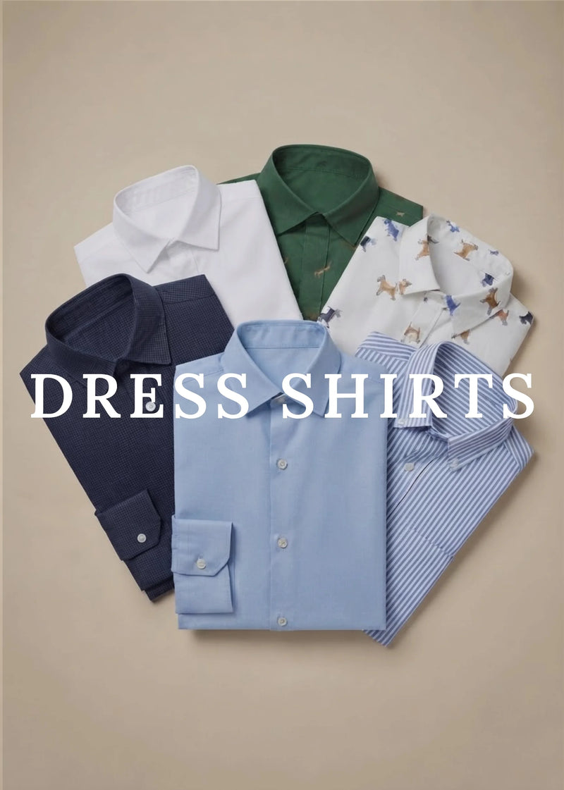 A styled flat-lay of six folded dress shirts in various colors and patterns, including solid white, green, navy, light blue, and blue-and-white stripes, with a dog print. The shirts are arranged on a beige background with the text 'DRESS SHIRTS' overlaid across the center.