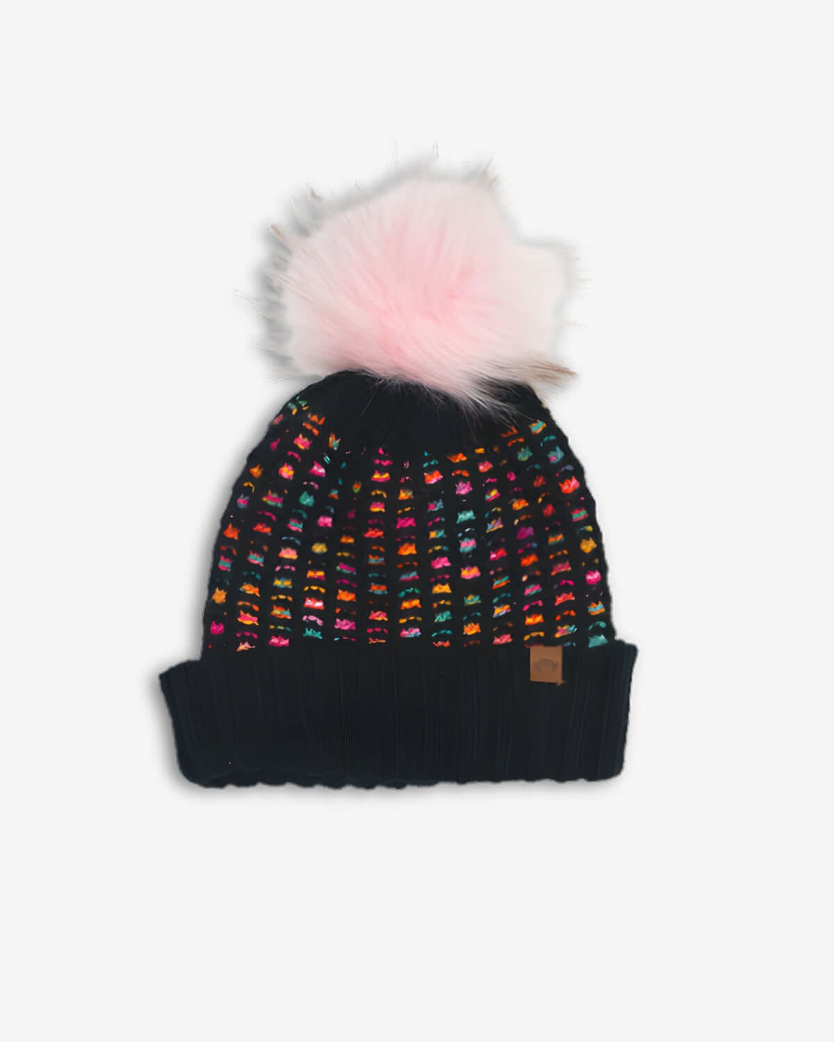 Black & Pink Kathleen Beanie with pom-pom, featuring a colorful rainbow print for stylish winter warmth.
