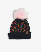 Black & Pink Kathleen Beanie with pom-pom, featuring a colorful rainbow print for stylish winter warmth.
