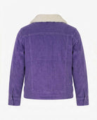 Back view of the Hyacinth Barbour Cord Jacket with sherpa lining, showcasing its textured purple corduroy fabric.