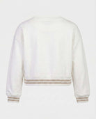 Back view of the Cream Bianca Graphic Sweatshirt featuring ribbed cuffs and a stylish design for active girls.