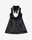 Black Velvet Tuxedo Dress featuring a bib-front shirt and velvet bow-tie collar.