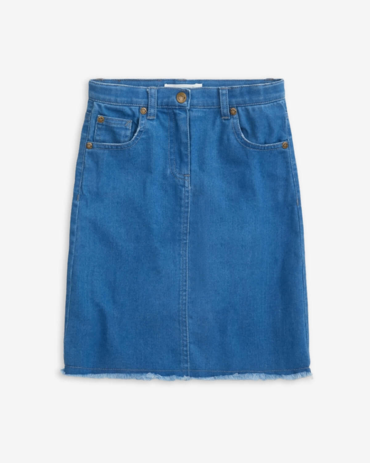 Blue Jean Rhodes Midi Denim Skirt featuring a vibrant sunset detail for stylish and comfortable wear.